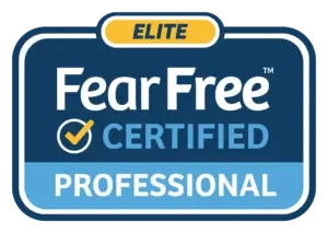 Fear Free Certified Professional badge with a blue background and yellow and white text.