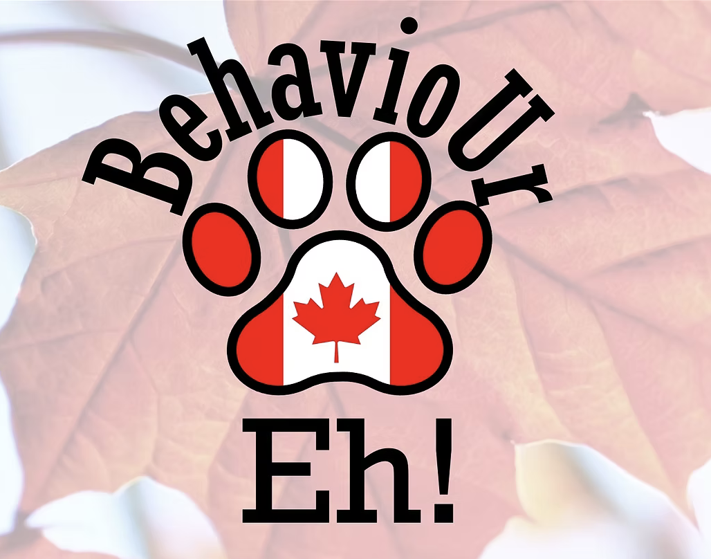 The image features a paw print with the Canadian flag inside it. Above the paw print is the word "BehaviouU" and below is "Eh!", both written in black text. The background shows a blurred maple leaf.