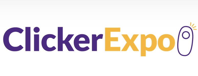 Clicker Expo logo with purple and yellow text and a stylized computer mouse icon.