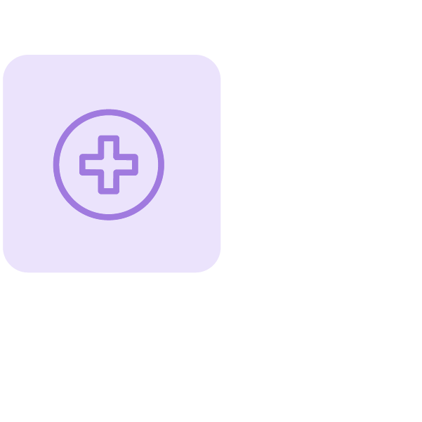 Purple medical plus sign icon on a light purple rounded square background