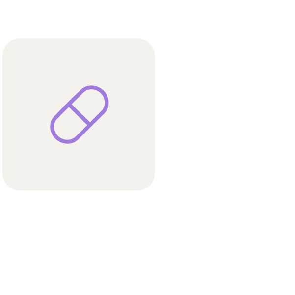 A tablet screen displaying a pill icon in purple inside a white app button.