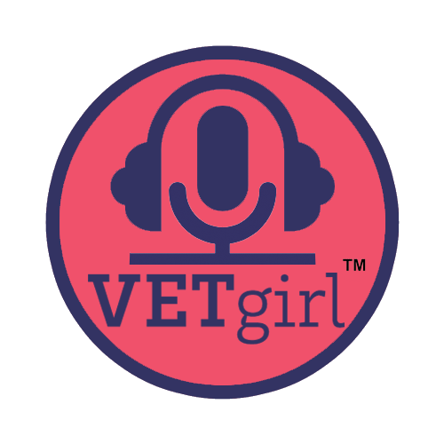 Logo with a pink background, featuring a microphone with headphones, and the text 'VETgirl' beneath it.