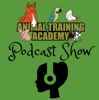 Logo for Animal Training Academy Podcast Show with cartoon animals and a female profile wearing headphones.