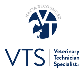 Logo for VYVA Recognized Veterinary Technician Specialist with dark blue text and graphic elements on a black background.