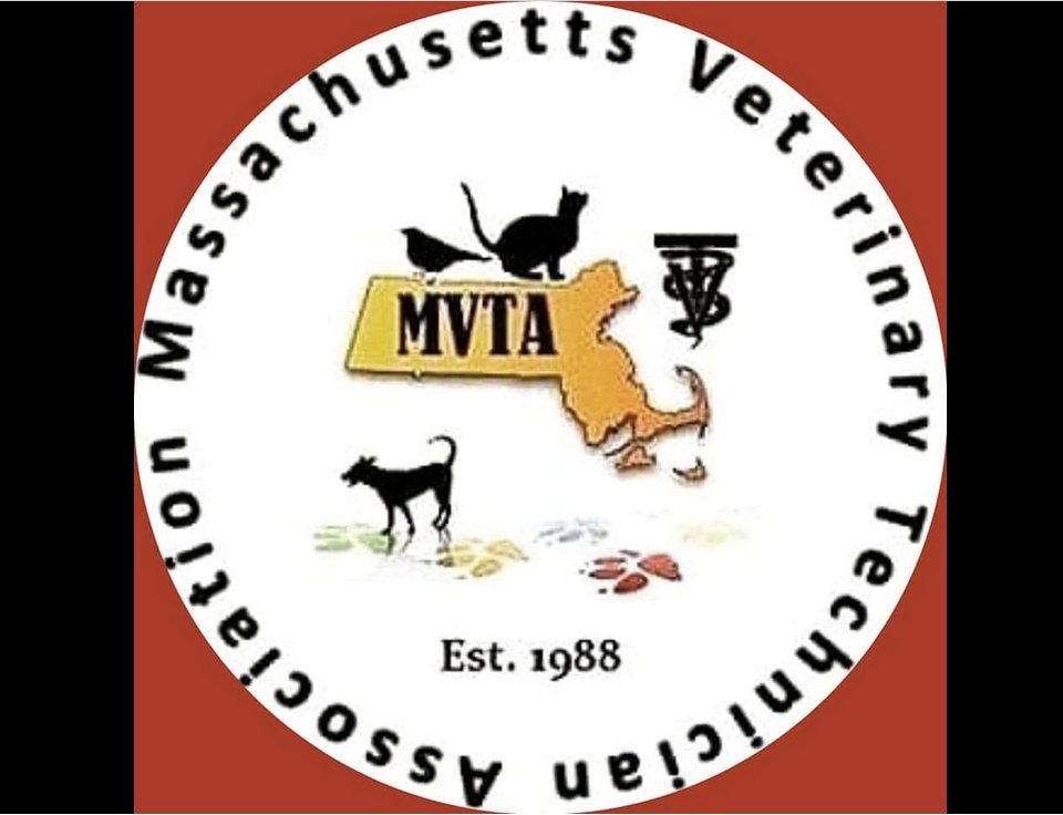 Logo of the Massachusetts Veterinary Medical Association featuring a black cat, a black dog, the state of Massachusetts in orange, a caduceus symbol, and the initials MVTA, with the text "Established 1988" and a circular border with the organization's name.