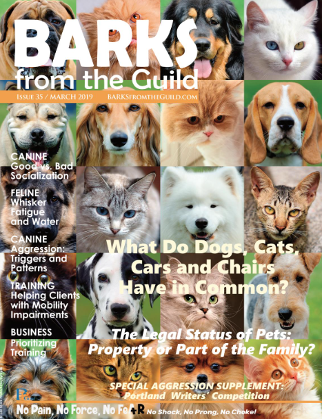 cover image of a magazine titled 'Barks from the Guild' featuring a grid of 16 different dogs and cats, with headlines about pet behavior, training, legal status, and competition.