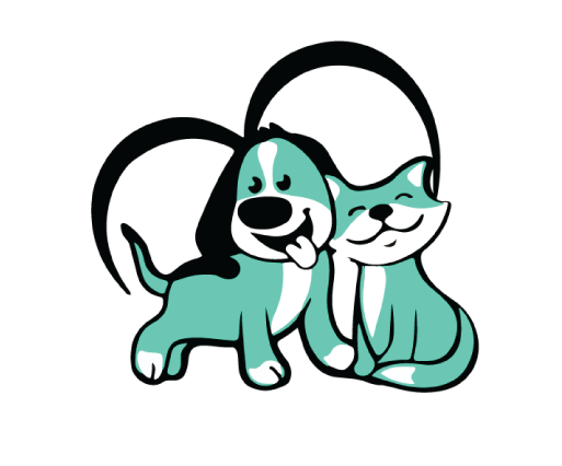 A cartoon image of a dog and a cat sitting together, smiling and appearing friendly.