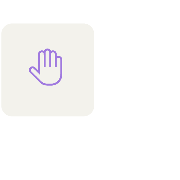 A white rounded square with a purple outline of a hand in a stopping gesture, next to a computer cursor icon with a check mark.