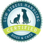Low Stress Handling Certified Dogs & Cats badge with blue circle, dog and cat silhouette, and green banner.