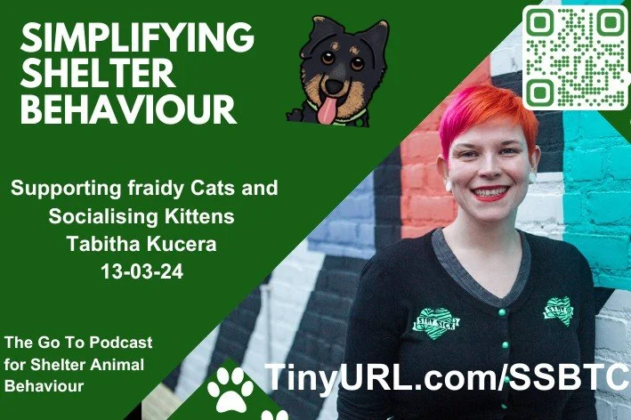 A promotional poster for a podcast about shelter animal behavior, featuring a smiling woman with short pink hair and a black cardigan, a cartoon doghead, and a QR code. The poster includes text about supporting feral cats, socializing kittens, and the date 13-03-24.