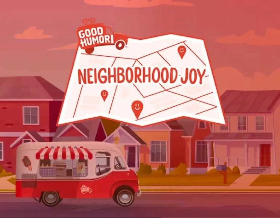 Colorful illustration of a neighborhood with houses and an ice cream truck, and a large event sign that says 'Neighborhood Joy' with smiley face location markers, a bus with 'Good Humori' written on top, and a pink sky.