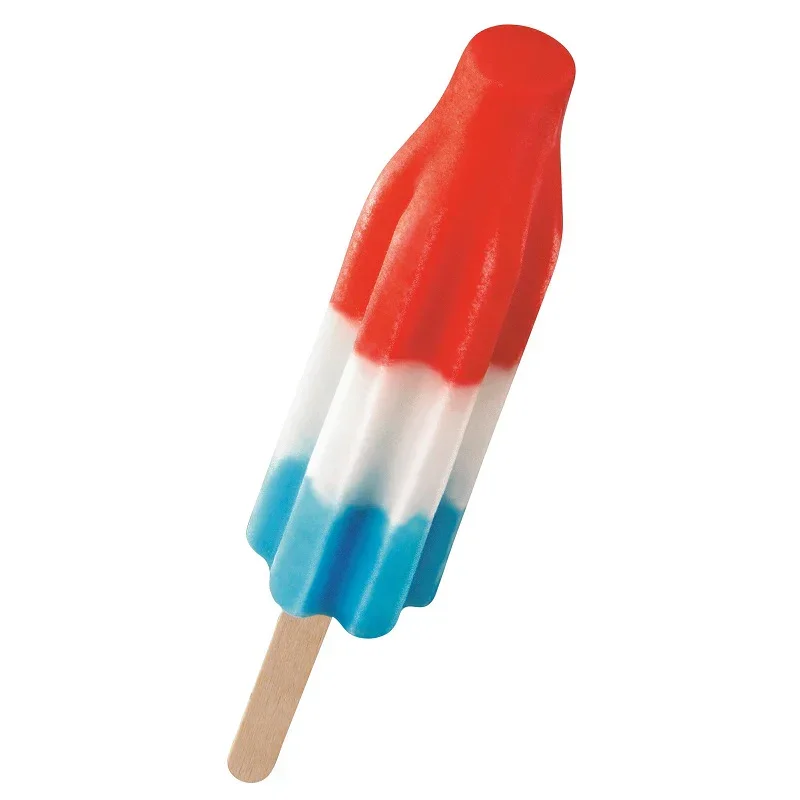 Red, white, and blue popsicle with a wooden stick on a white background.
