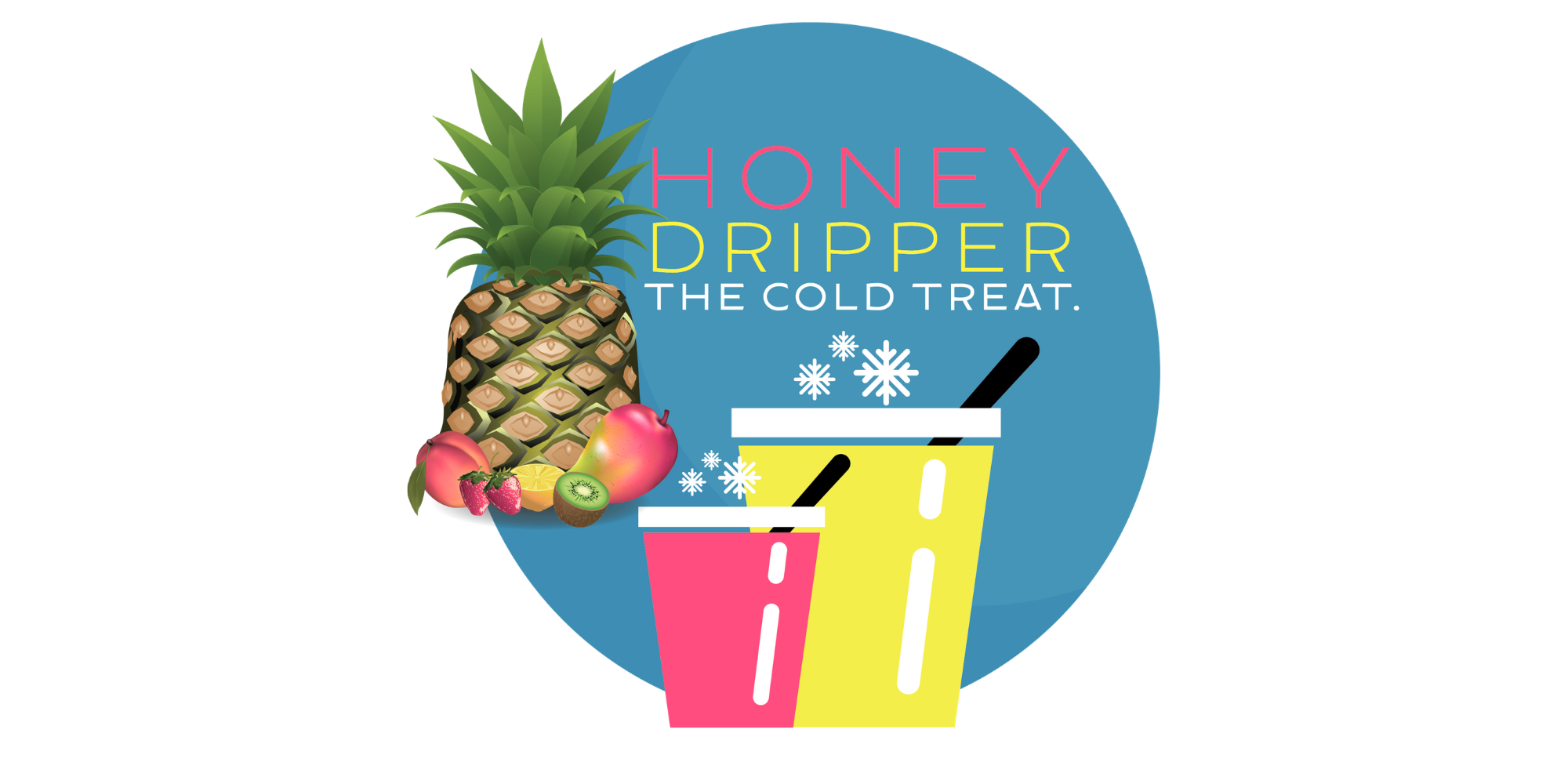 A colorful graphic with a pineapple, apples, strawberries, kiwi, lemon, and a container of honey with snowflakes, and coffee cups, with text that reads 'Honey Dripper: The Cold Treat' on a blue background.