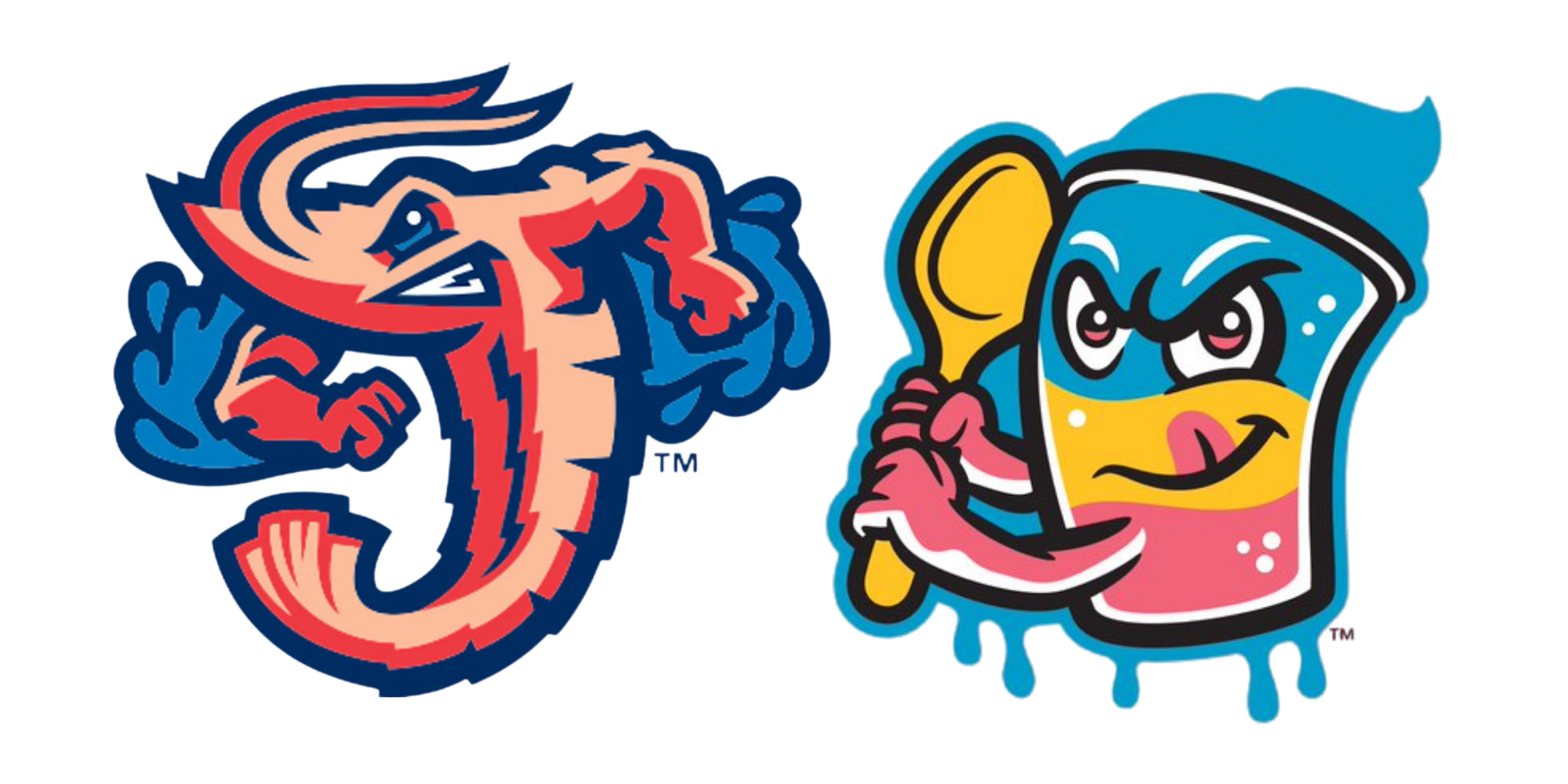 Cartoon mascot characters of a dragon and an ice cream cone with a face, holding a wooden spoon, smiling and winking.