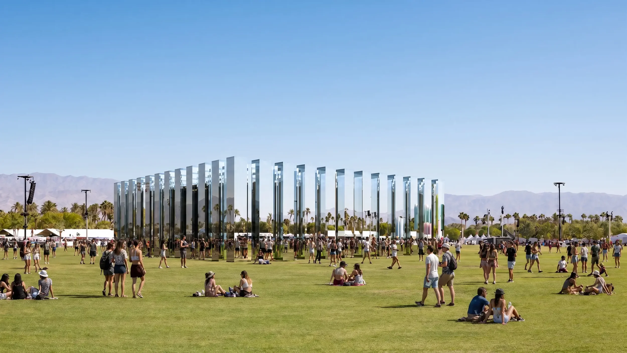Temple Coachella: A large outdoor event with many people gathered on a grassy field, featuring an art installation composed of tall, reflective vertical pillars.