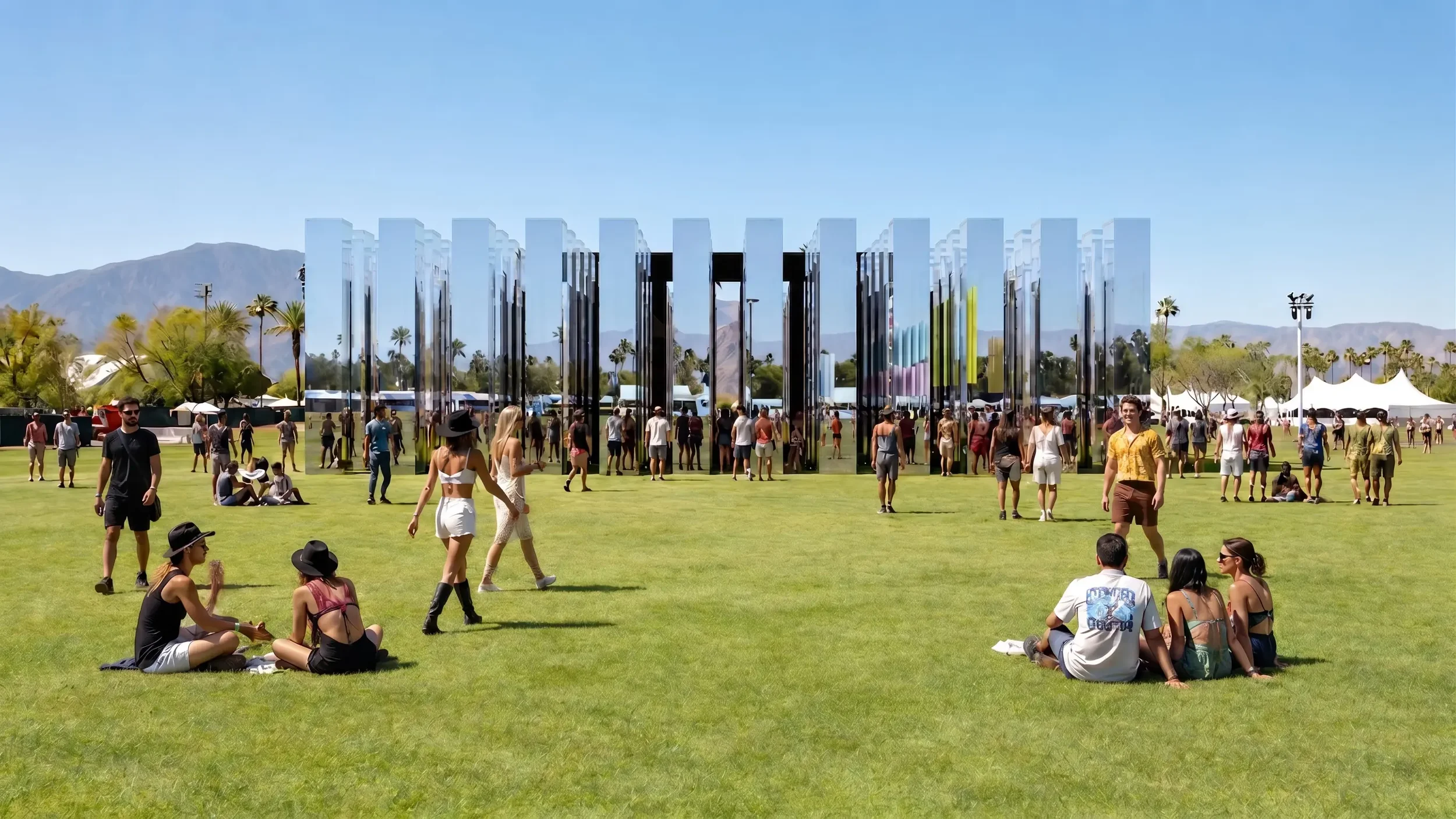 Temple Coachella: People attending an outdoor event with a reflective, modern structure, set against mountains and a clear blue sky.