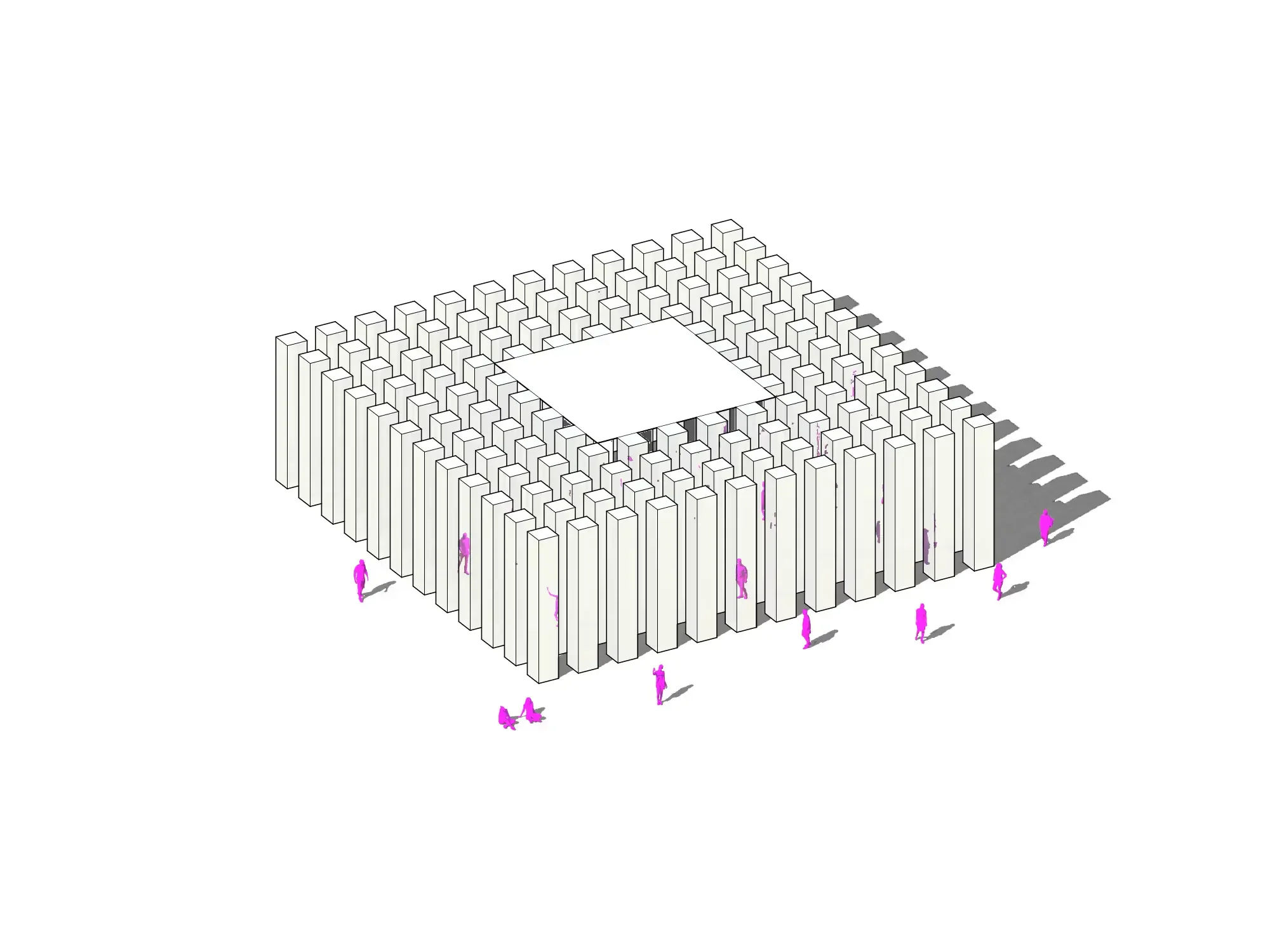 A digital illustration of a large, modern structure made of numerous white rectangular blocks forming walls and a floating roof, with purple human figures around it.