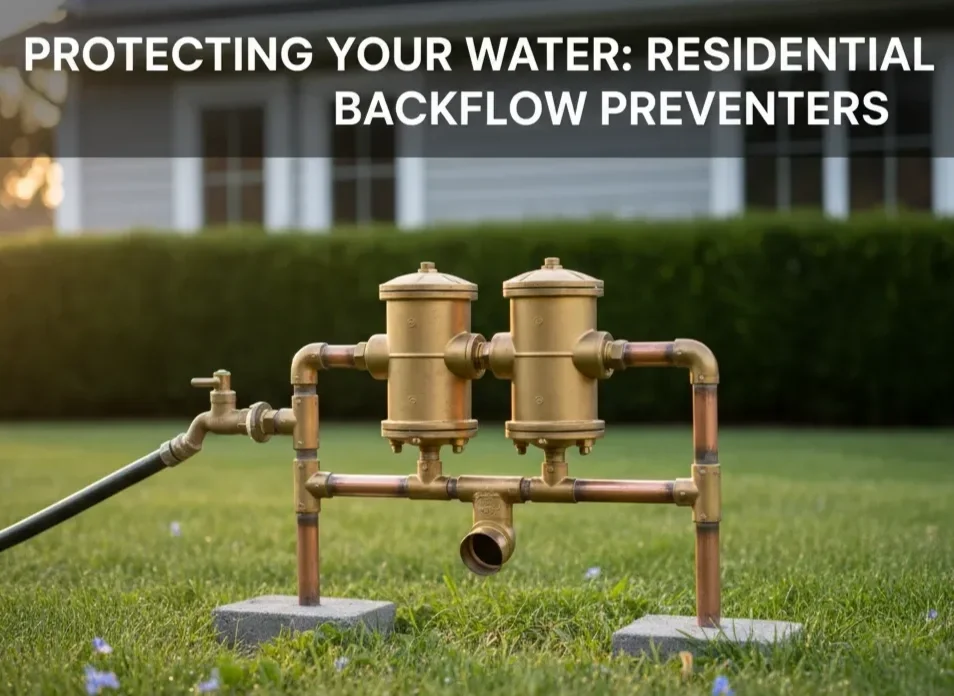 Outdoor water filtration system with two brass filters connected by copper pipes, placed on grass in front of a house, with a hedge and house in the background.