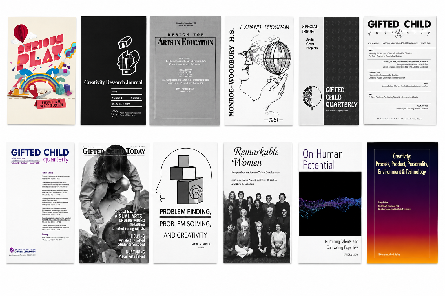 A collection of ten academic journal covers and publications focused on education, art, psychology, and gifted children. The covers feature various designs, black-and-white photographs, and text titles.