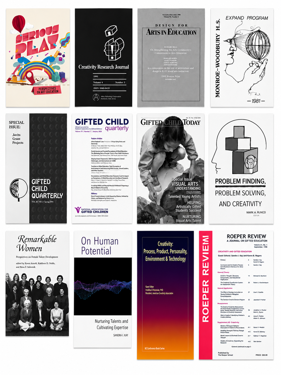 Collection of academic journal covers and publications related to art education, gifted children, women, creativity, and research.