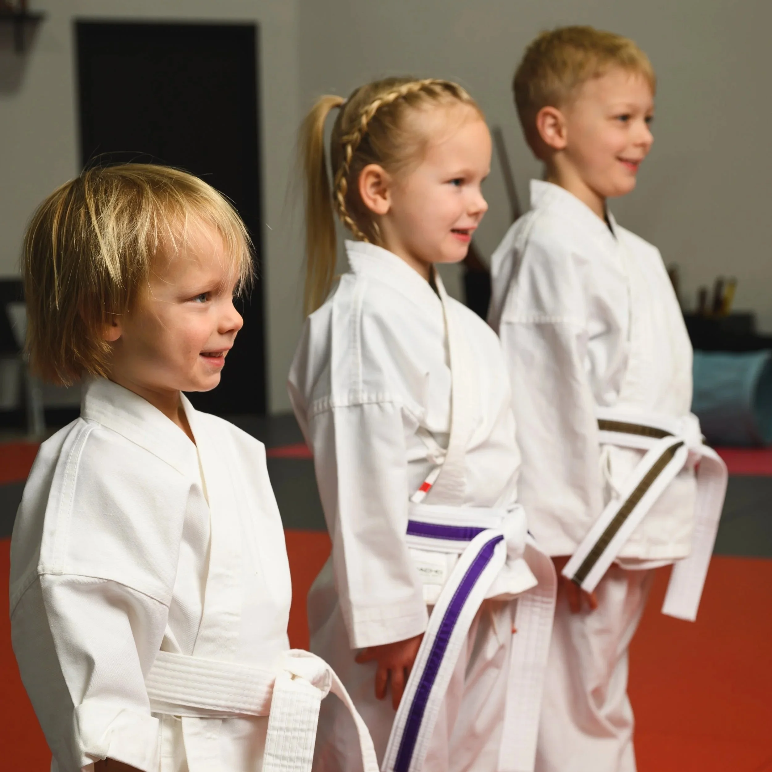 Four children dressed in karate uniforms standing in a line, facing to the right, with smiles on their faces