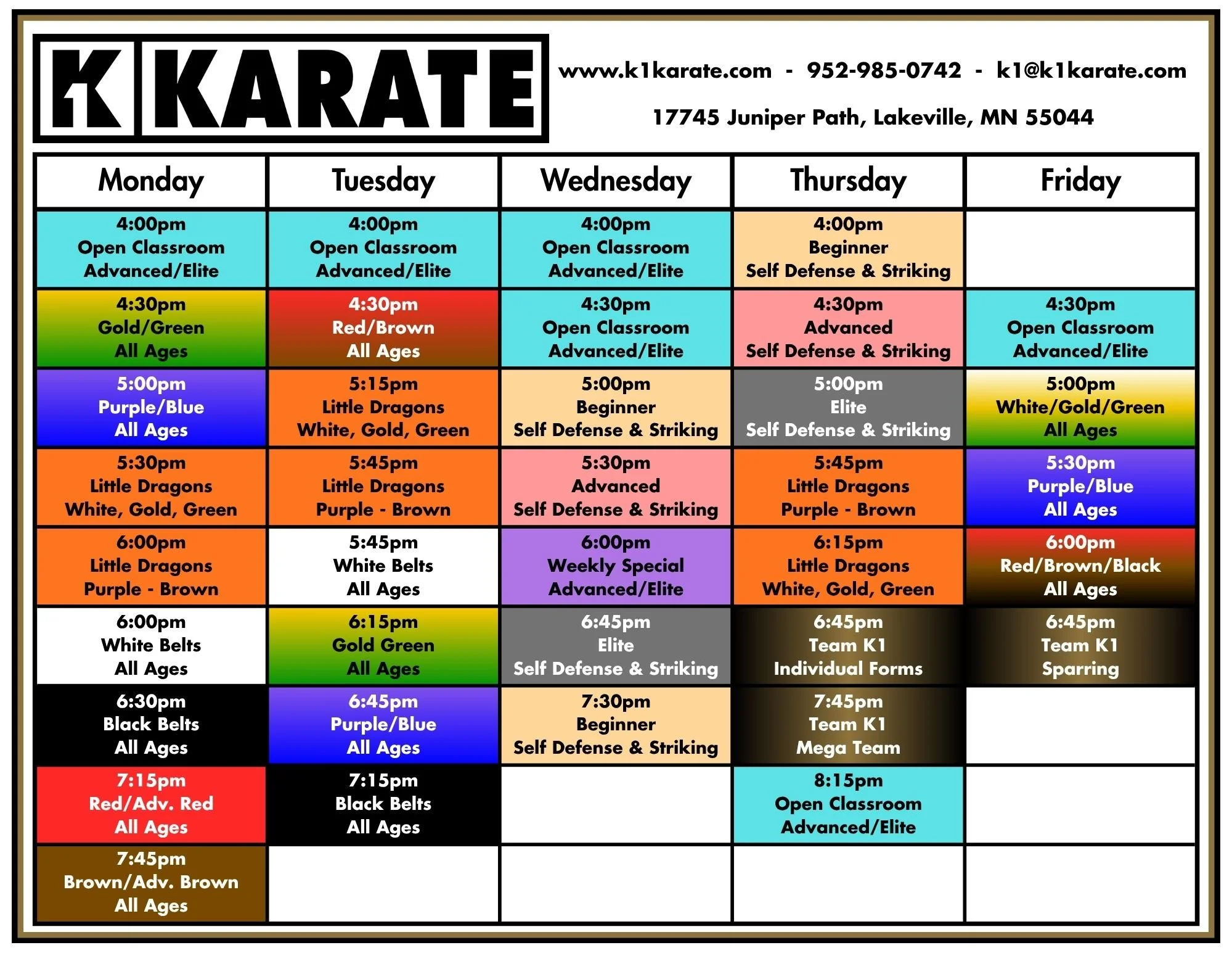 Weekly karate class schedule with days of the week at the top and colored time slots for different classes and age groups, including beginner, advanced, elite, and sparring classes, with specific times for each day.