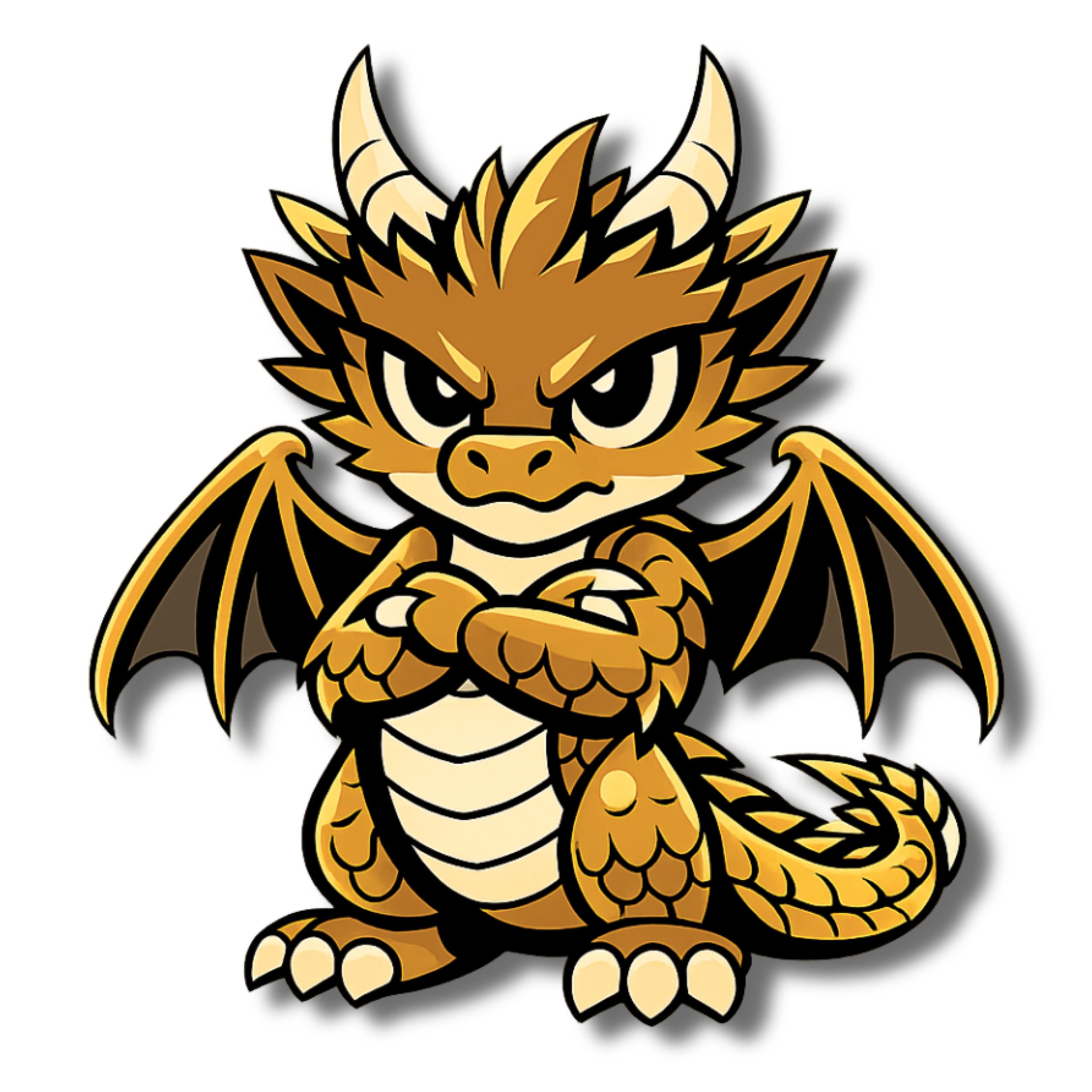 A cartoon-style drawing of a fierce-looking dragon with large horns, sharp eyes, and wings, colored in shades of gold, brown, and beige.