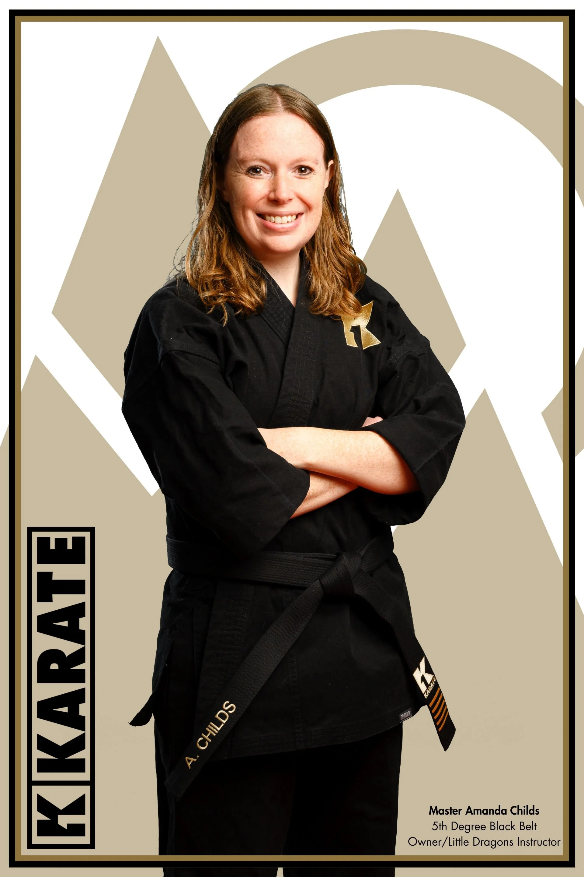 A woman with long, wavy brown hair wearing a black martial arts uniform with a black belt. The background has a stylized mountain design. The text states: "Master Amanda Childs, 5th Degree Black Belt, Owner/Little Dragons Instructor."