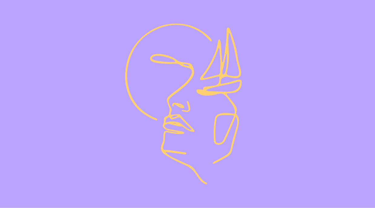 Minimalist line art drawing of a woman's face with closed eyes and lips, a sun and a sailboat in the background, on a purple background.