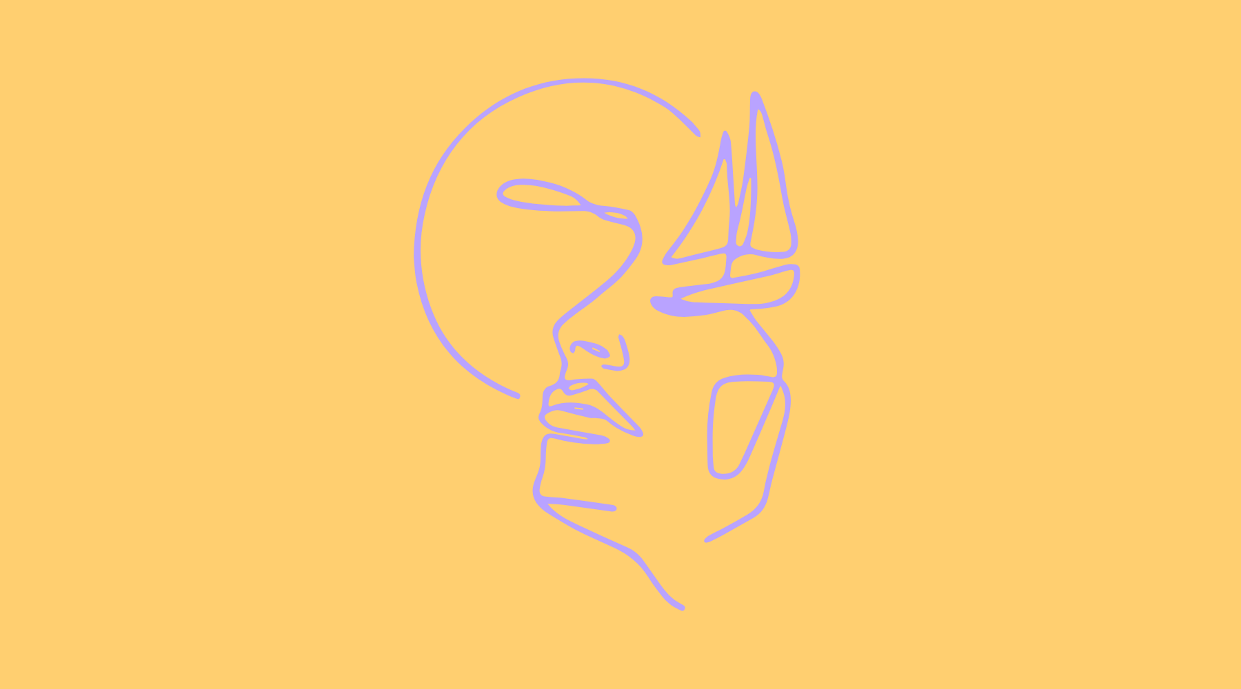 Minimalist line drawing of a woman with short hair, holding a sailboat model, on a yellow background.