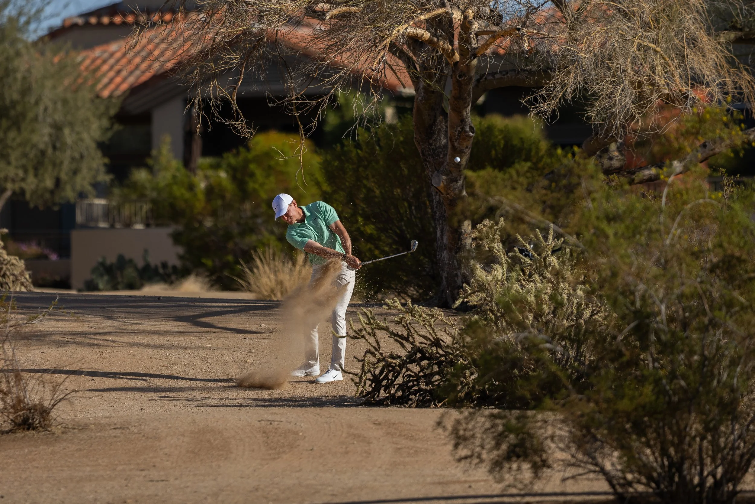 A man wearing a white cap and green shirt playing golf on a golf course, hitting a golf ball, with dry desert plants and a tree nearby.