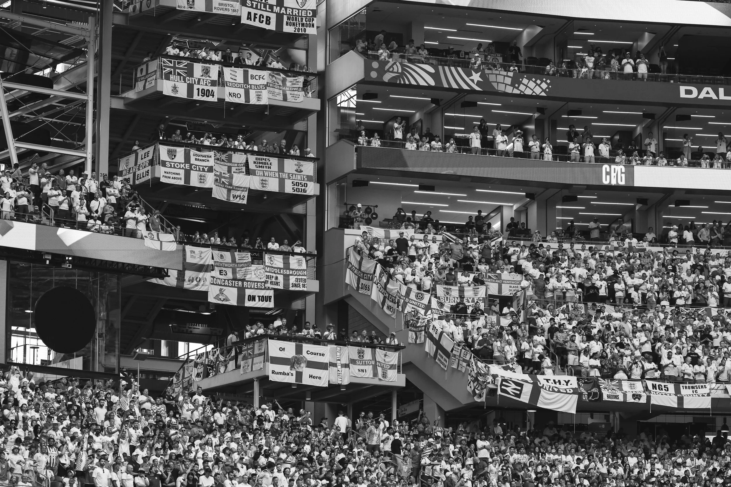 England fans hang flags in Dallas at the 2026 World Cup