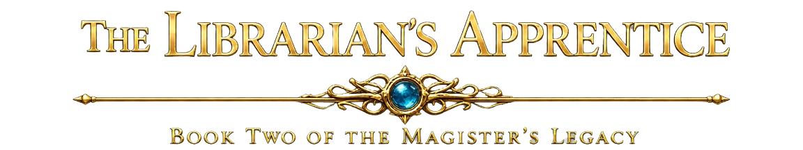 Title screen for 'The Librarian's Apprentice: Book Two of the Magister's Legacy' with decorative gold and blue accents.