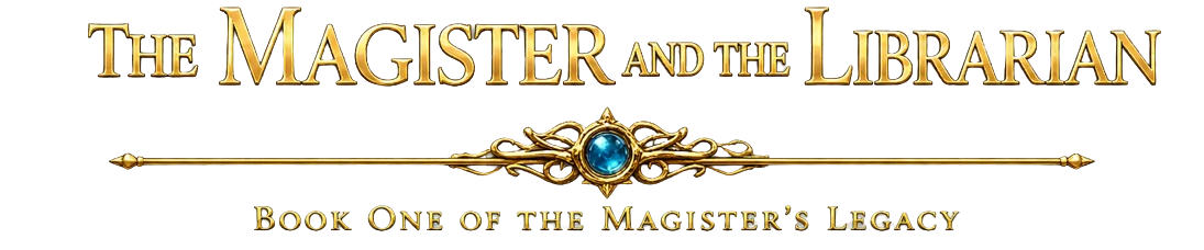 The title screen of a game called 'The Magister and the Librarian,' with gold and blue ornate design, showing that it is Book One of the Magister's Legacy.