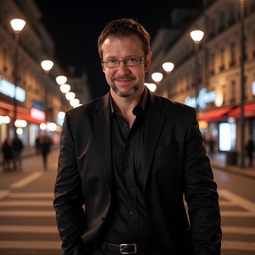 A man wearing glasses and a black suit stands on a city street at night, smiling at the camera. The street is illuminated with streetlights and has people walking in the background.