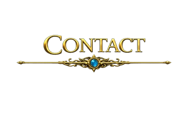 Golden fantasy-style text spelling 'Contact' with decorative blue gem and ornate embellishments on a dark background.