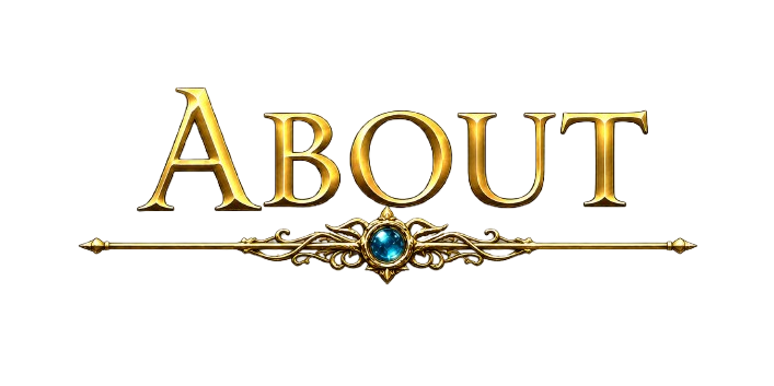 Gold and ornate text that says 'ABOUT' with a decorative stripe and blue gemstone in the center.