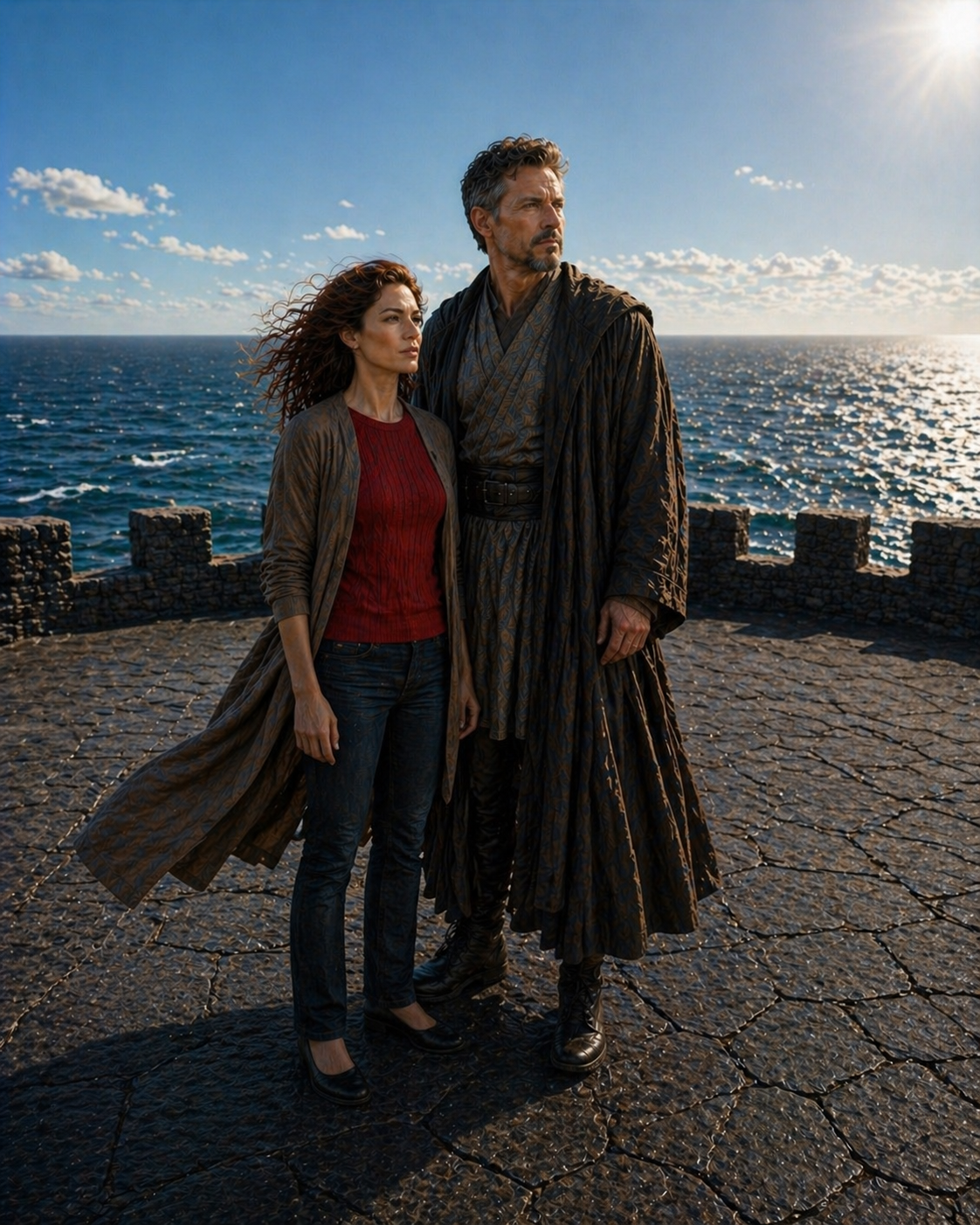 magician and librarian on top of a tower in the sea