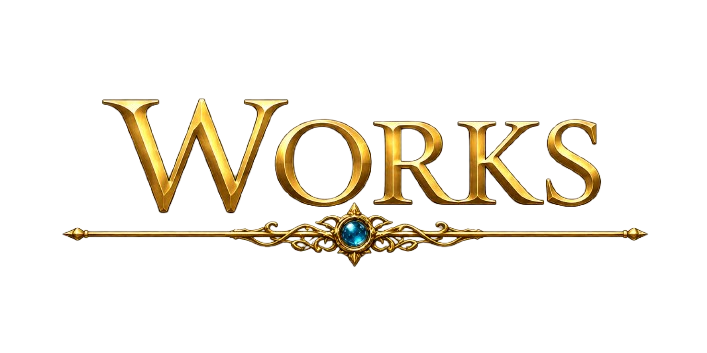 Golden text spelling 'WORKS' with decorative insert and blue gemstone