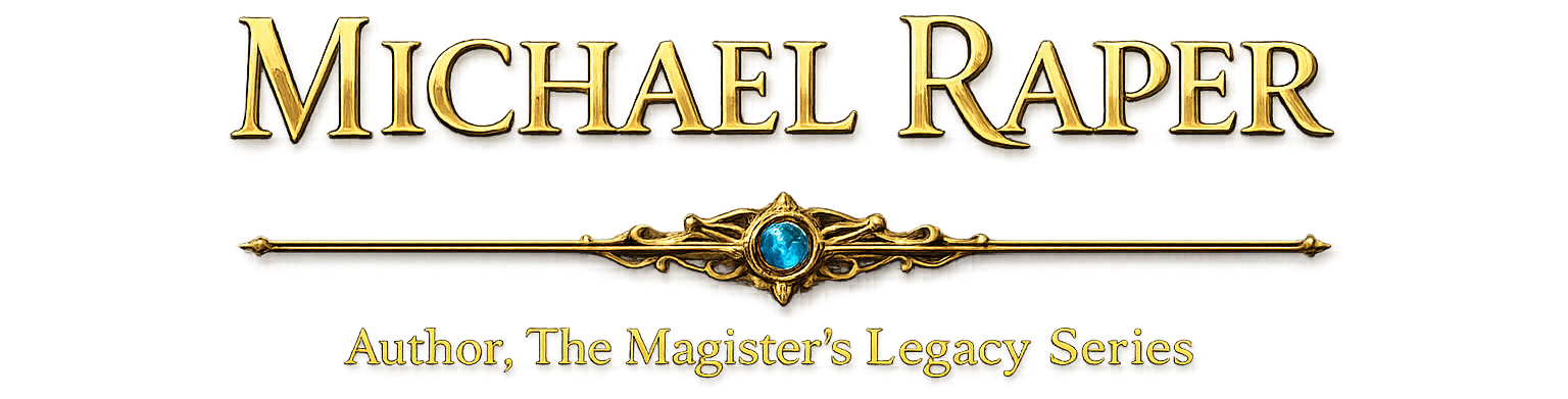 Logo for Michael Raper, author of The Magister's Legacy Series, featuring gold text and an ornate gold bar with a blue gem in the center.