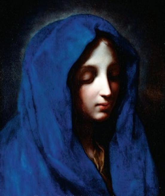 A woman with long dark hair wearing a blue hooded cloak with her eyes closed, set against a dark background.