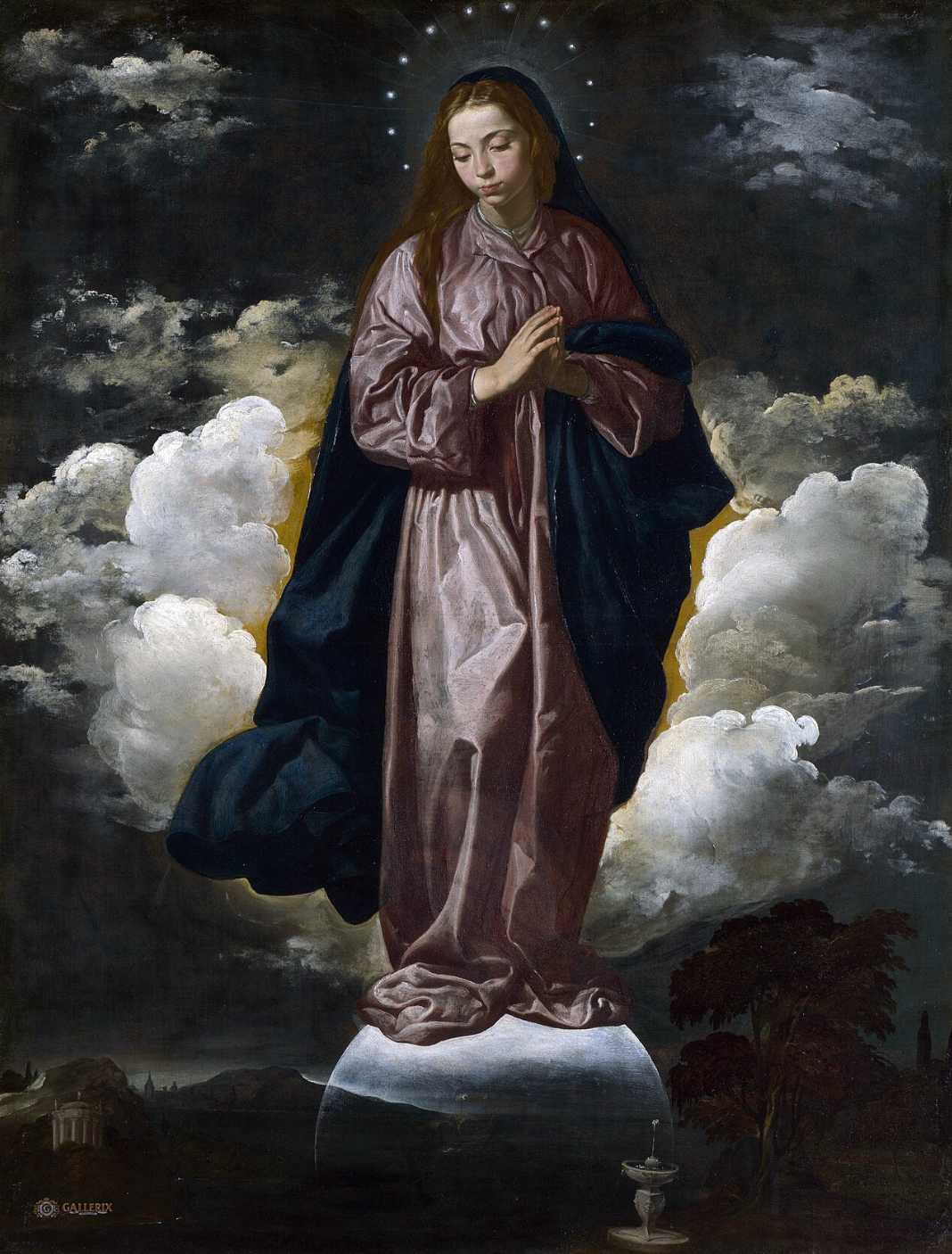 A classical painting of a woman with long red hair standing on a moon-like sphere with her hands in prayer. She is dressed in flowing pink and dark blue garments, with a dark background filled with clouds and a faint illuminated sky behind her. There is a touch of halo or light around her head.