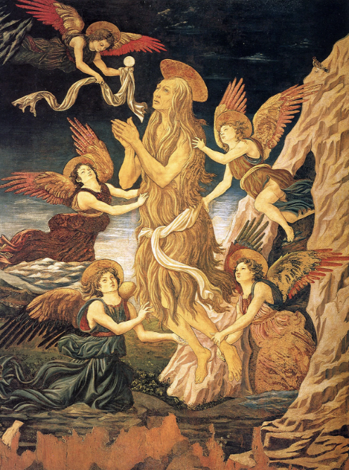 A painting of a woman with long flowing hair, surrounded by angels with wings, set against a dark sky with mountains in the background.
