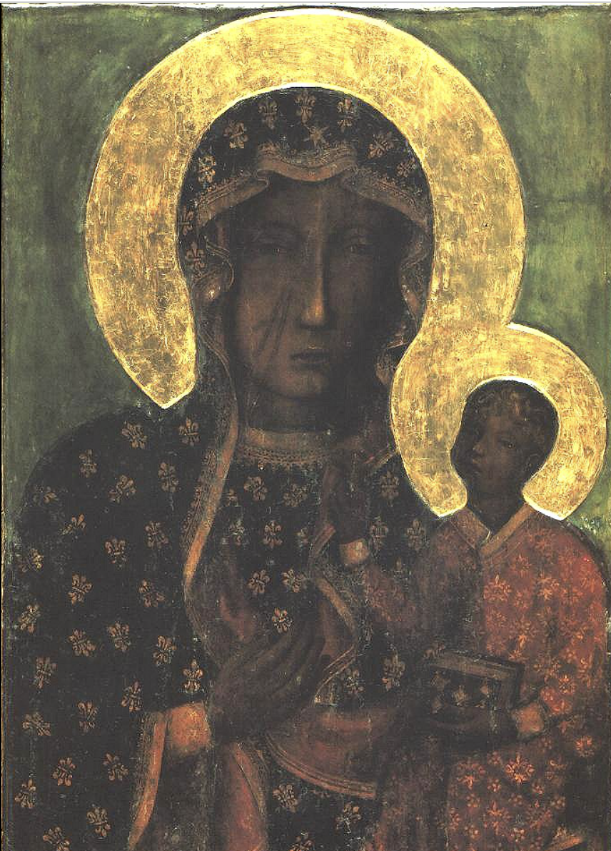 An iconographic painting of the Virgin Mary and the Child Jesus, both with golden halos. Mary is dressed in dark robes with floral patterns, and Jesus is in a red garment, holding a book.