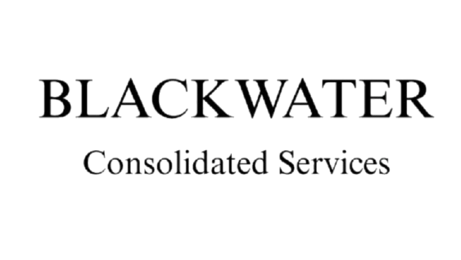 Black writing on a beige background stating the company name 'Blackwater Consolidated Services'