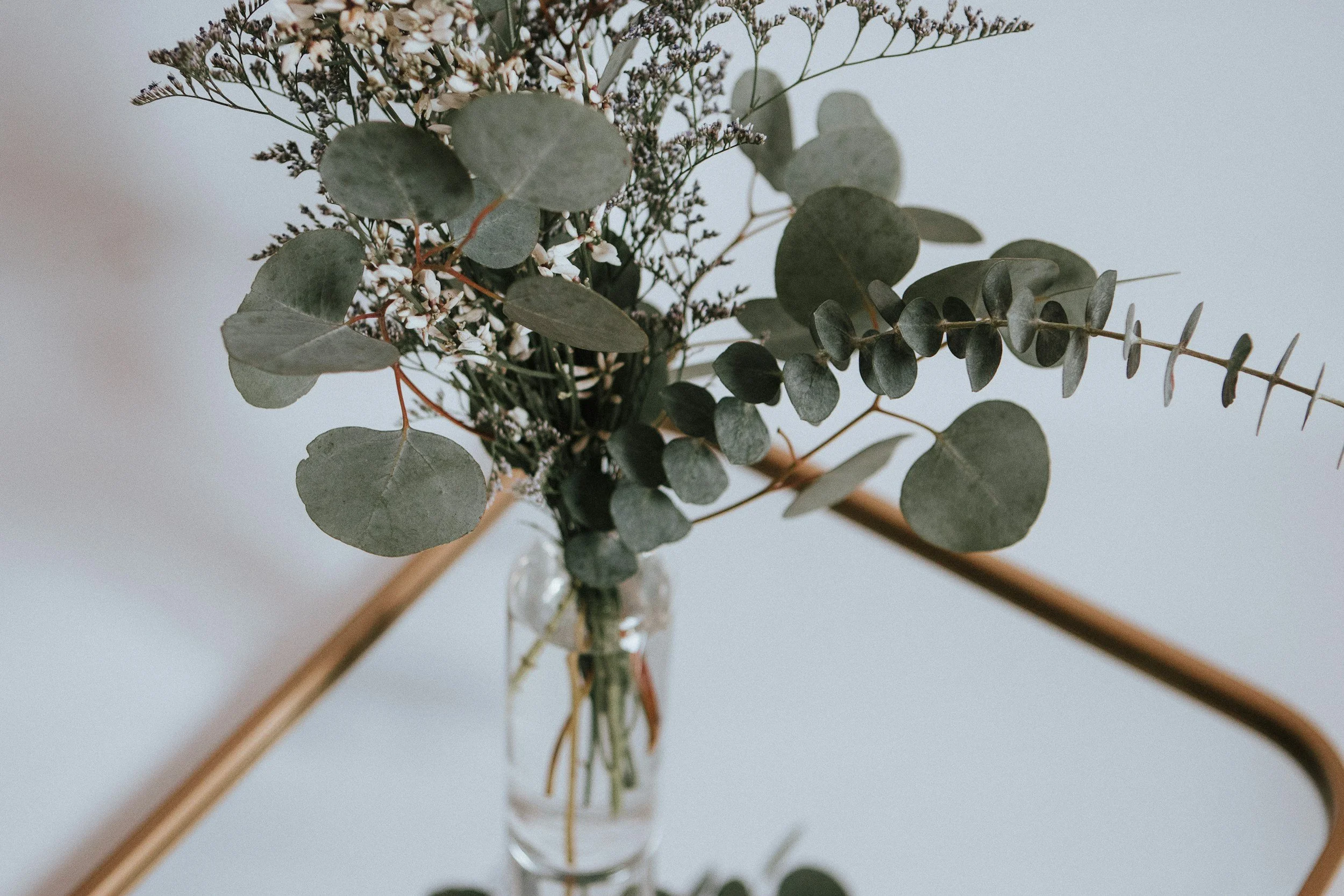 A glass vase holding a bouquet of eucalyptus leaves and small white flowers, with two wooden sticks crossing underneath the bouquet on a plain background.