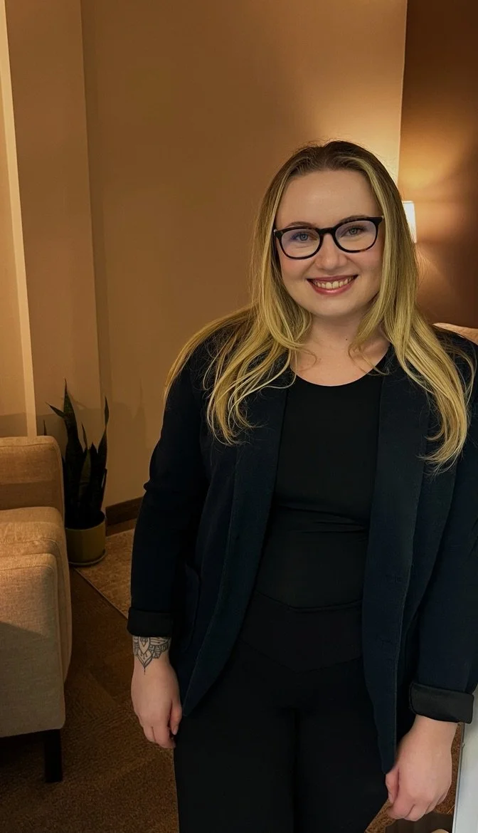 A young woman with blonde hair wearing glasses and a black blazer, smiling in a warmly lit room with beige walls, a plant, and a beige armchair.