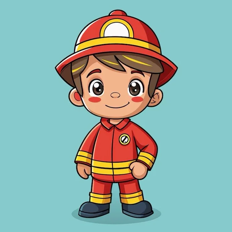 Cartoon boy dressed as a firefighter with a red helmet, red coat, and pants with yellow stripes, standing confidently against a light blue background.