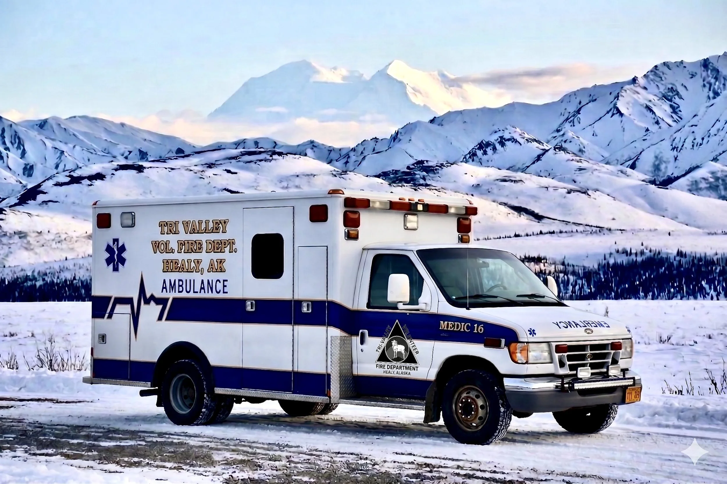 An ambulance from the Tri Valley Volunteer Fire Department in Healy, Alaska, parked on snow-covered ground with snow-capped mountains and a blue sky in the background.