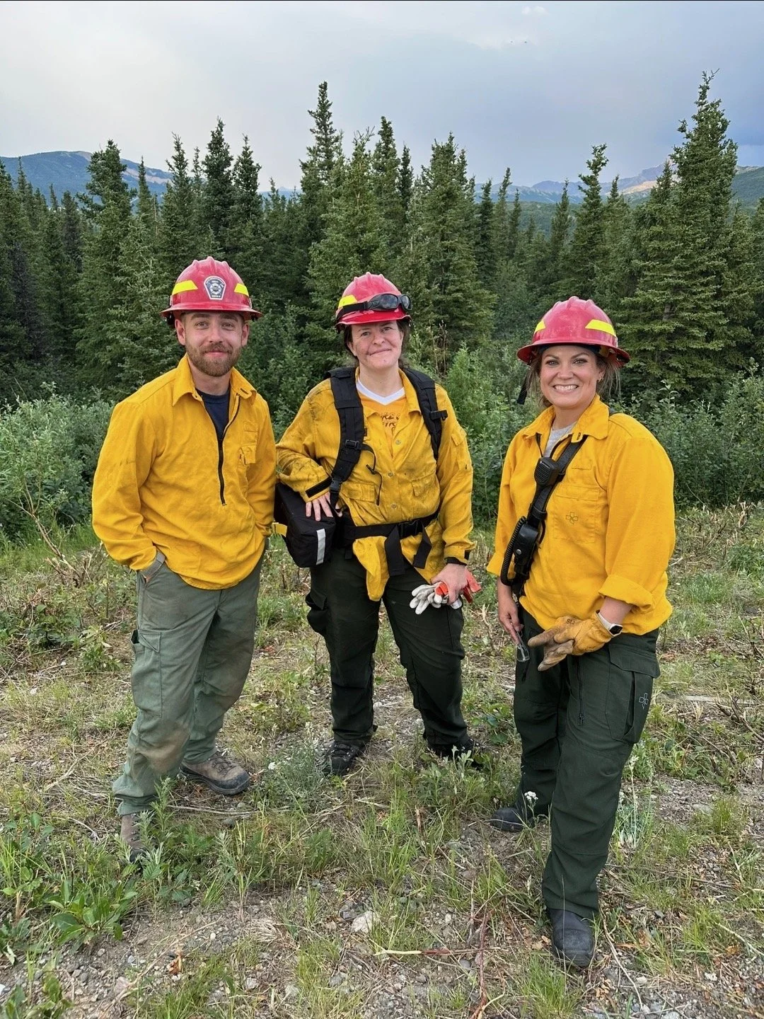 Three firefighters in yellow uniforms and red helmets standing outdoors on a grassy area with a forest and mountains in the background.